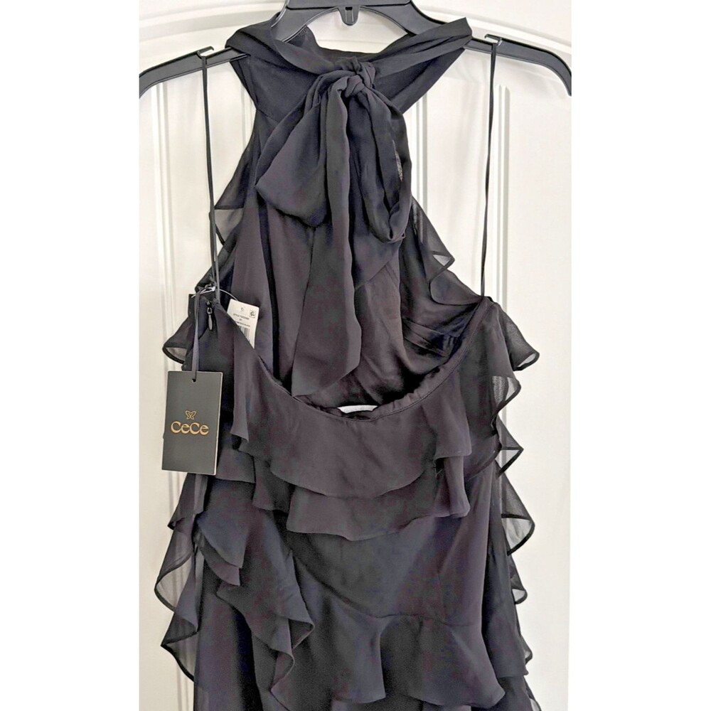 CeCe Women's Chiffon Sleeveless Ruffled Long Halter Dress Rich Black Size 4 - Picture 12 of 13
